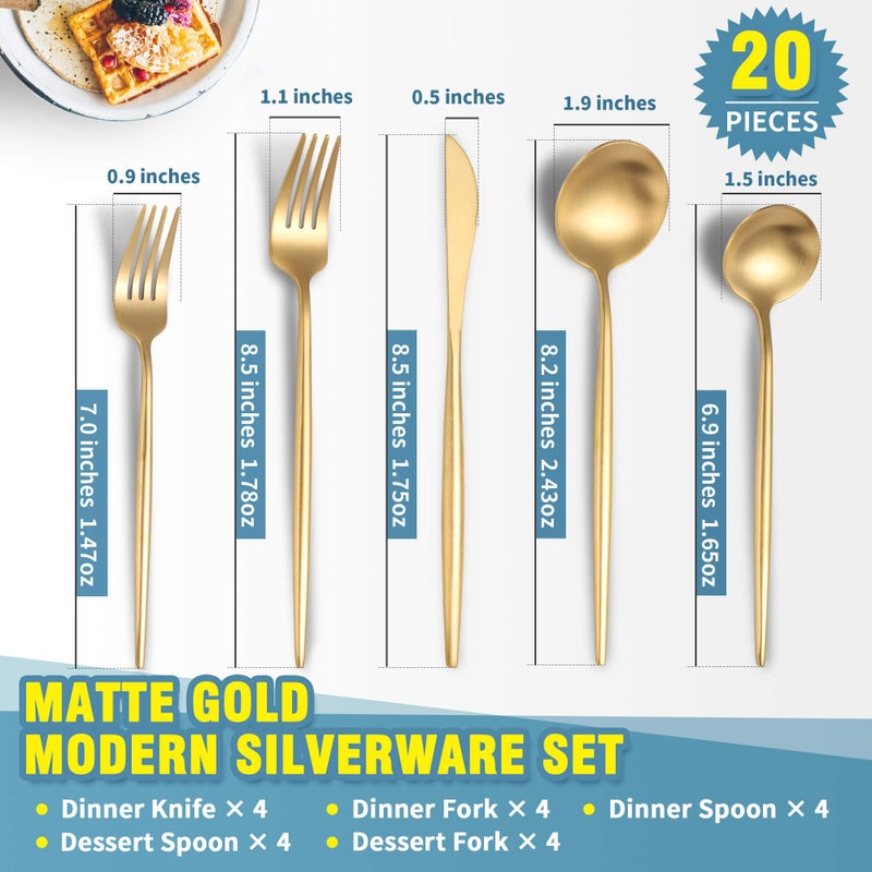 Lemeya Matte Gold Silverware Set for 4,Modern Stainless Steel Brushed Cutlery Set,20-Pieces Heavy Duty Flatware Set,Knives Spoons and Forks Set Utensils Set, Satin Finish, Dishwasher Safe - Image 2